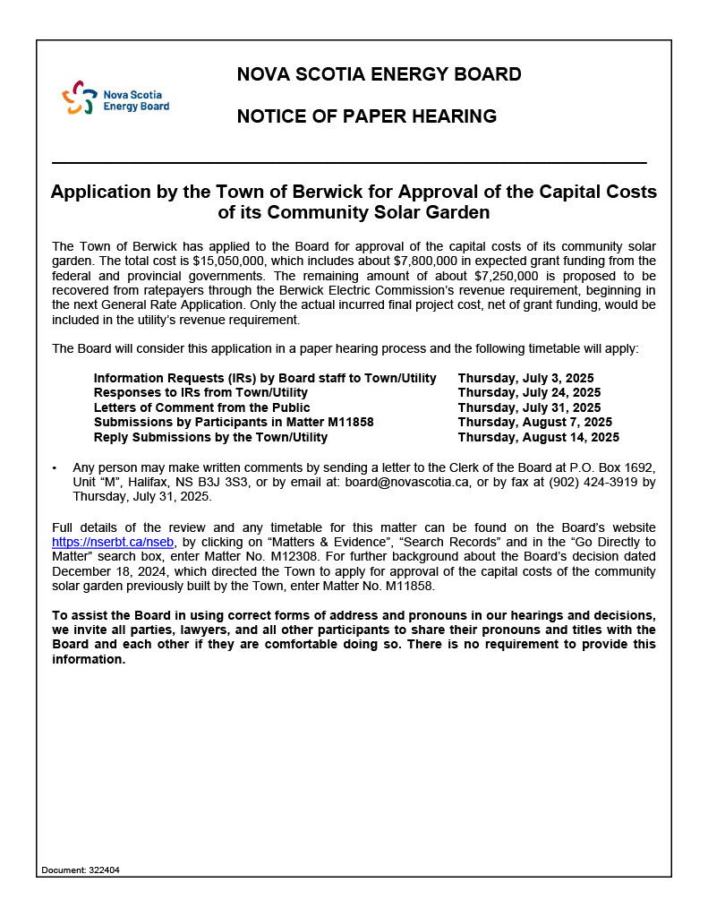 Application by the Town of Berwick for Approval of the Capital Costs of its Community Solar Garden